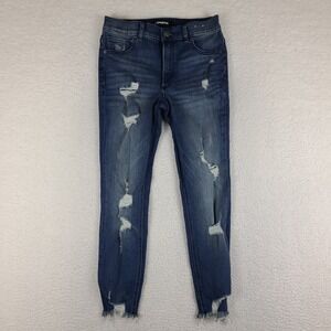 Express Jeans Womens 4S 4 Short Blue Ankle High Rise Fray‎ Distress Stretch +